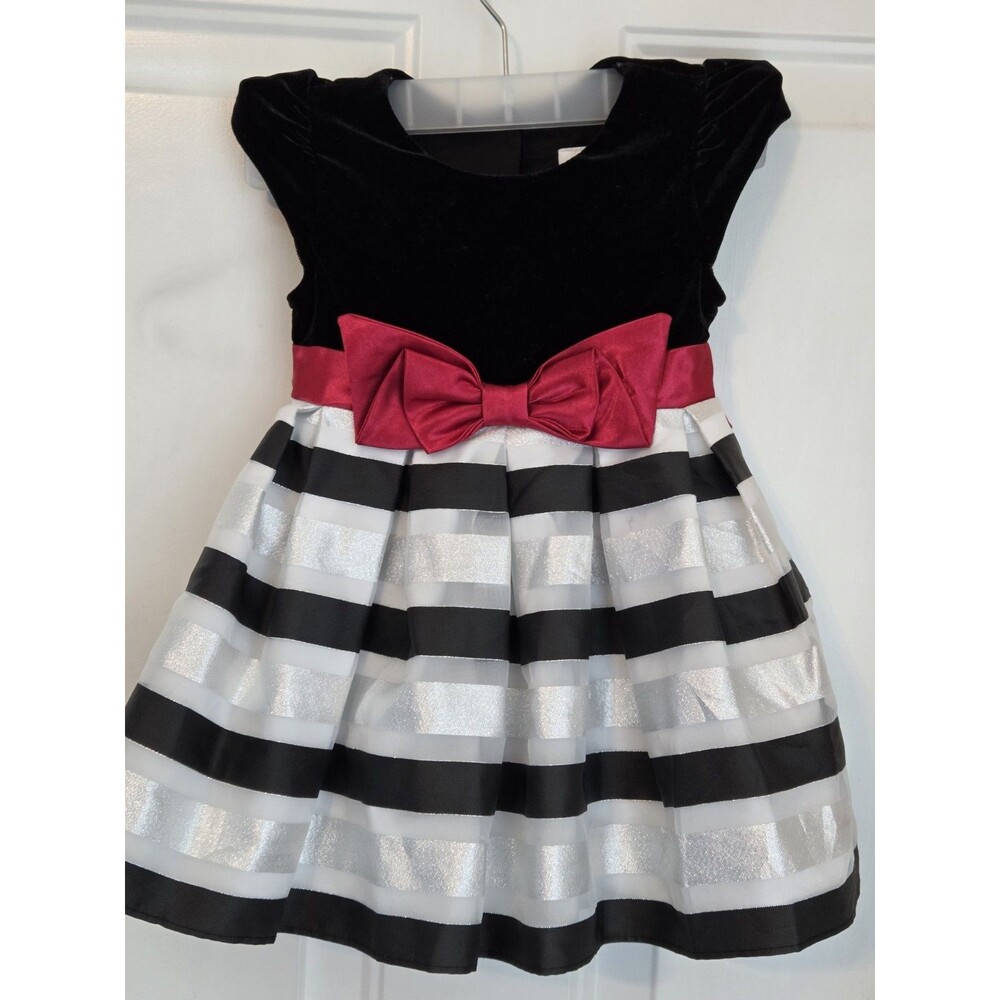 Jona Michelle Girls Black Velvet Red Bow Striped Party Dress - Size 2T